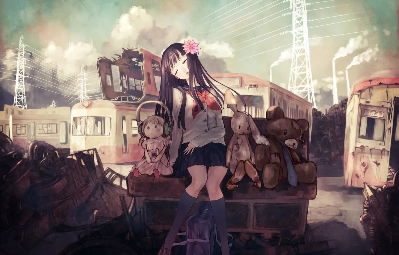 Photo wallpaper flower, the sky, girl, clouds, wire, toys, smoke, hare
