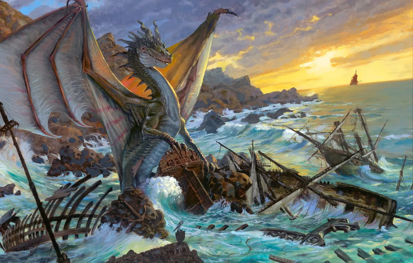 Photo wallpaper sea, fiction, rocks, dragon, ship, wings, art