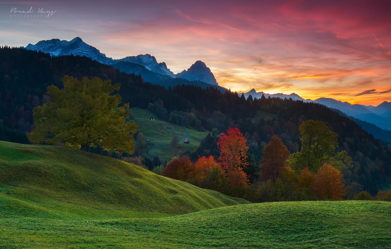 Photo wallpaper autumn, forest, landscape, sunset, mountains, nature