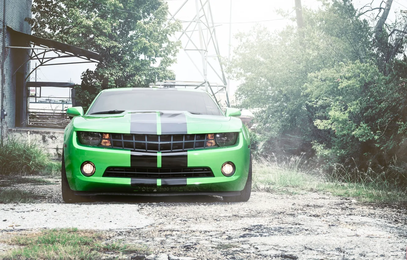 Photo wallpaper strip, black, green, green, Chevrolet, camaro, chevrolet, the front