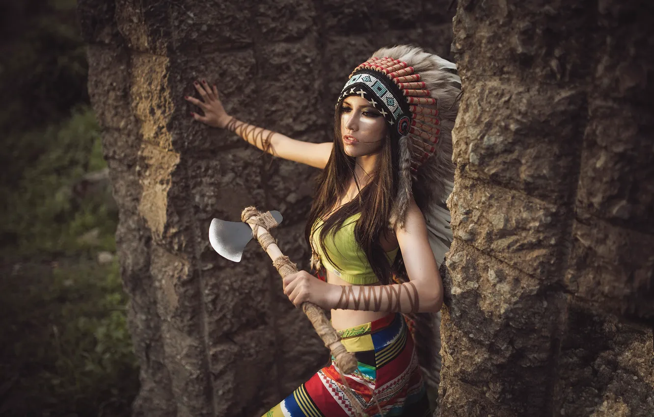 Photo wallpaper girl, face, background, feathers, axe, headdress