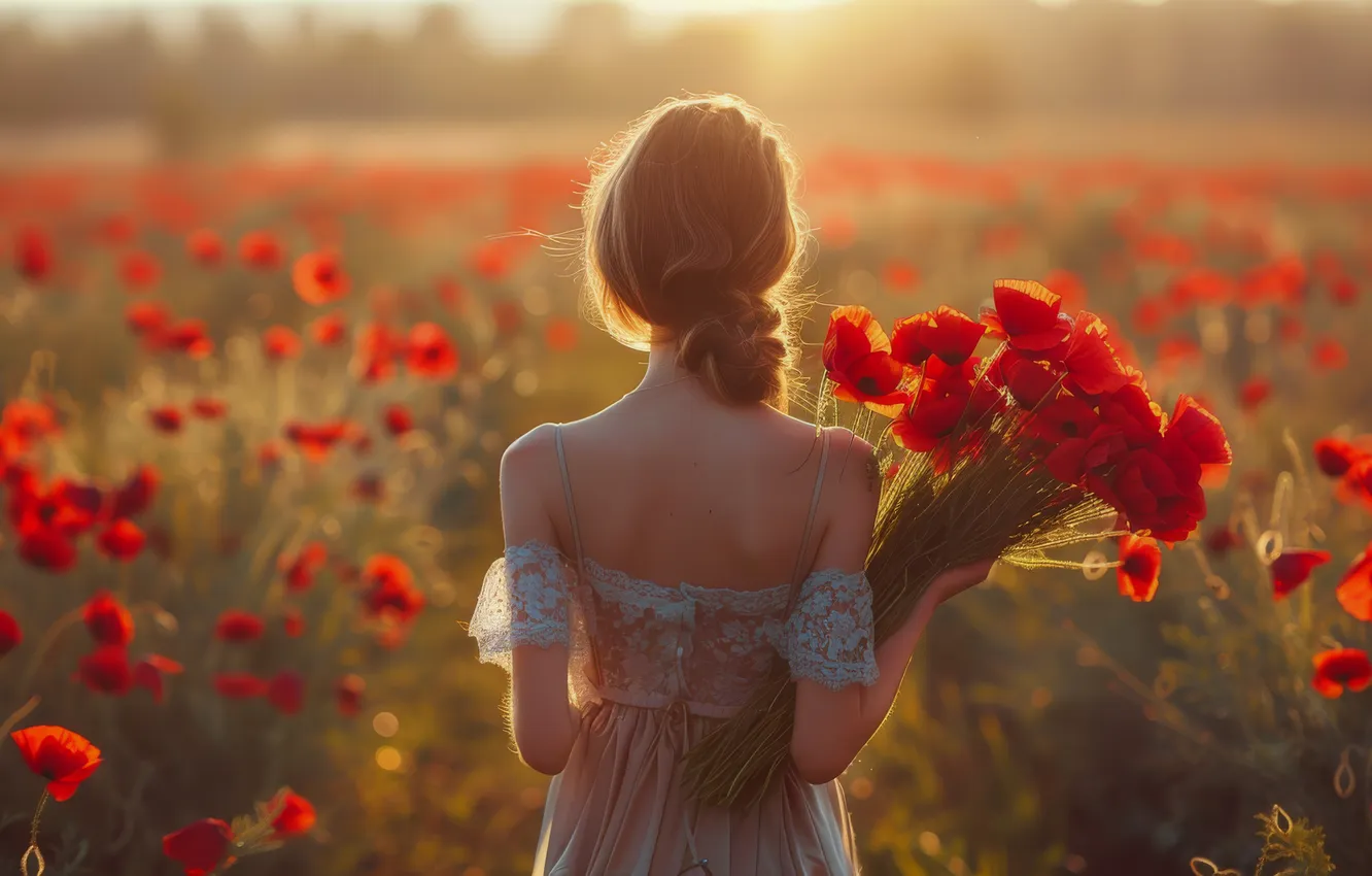 Photo wallpaper summer, girl, light, flowers, back, Maki, bouquet, morning