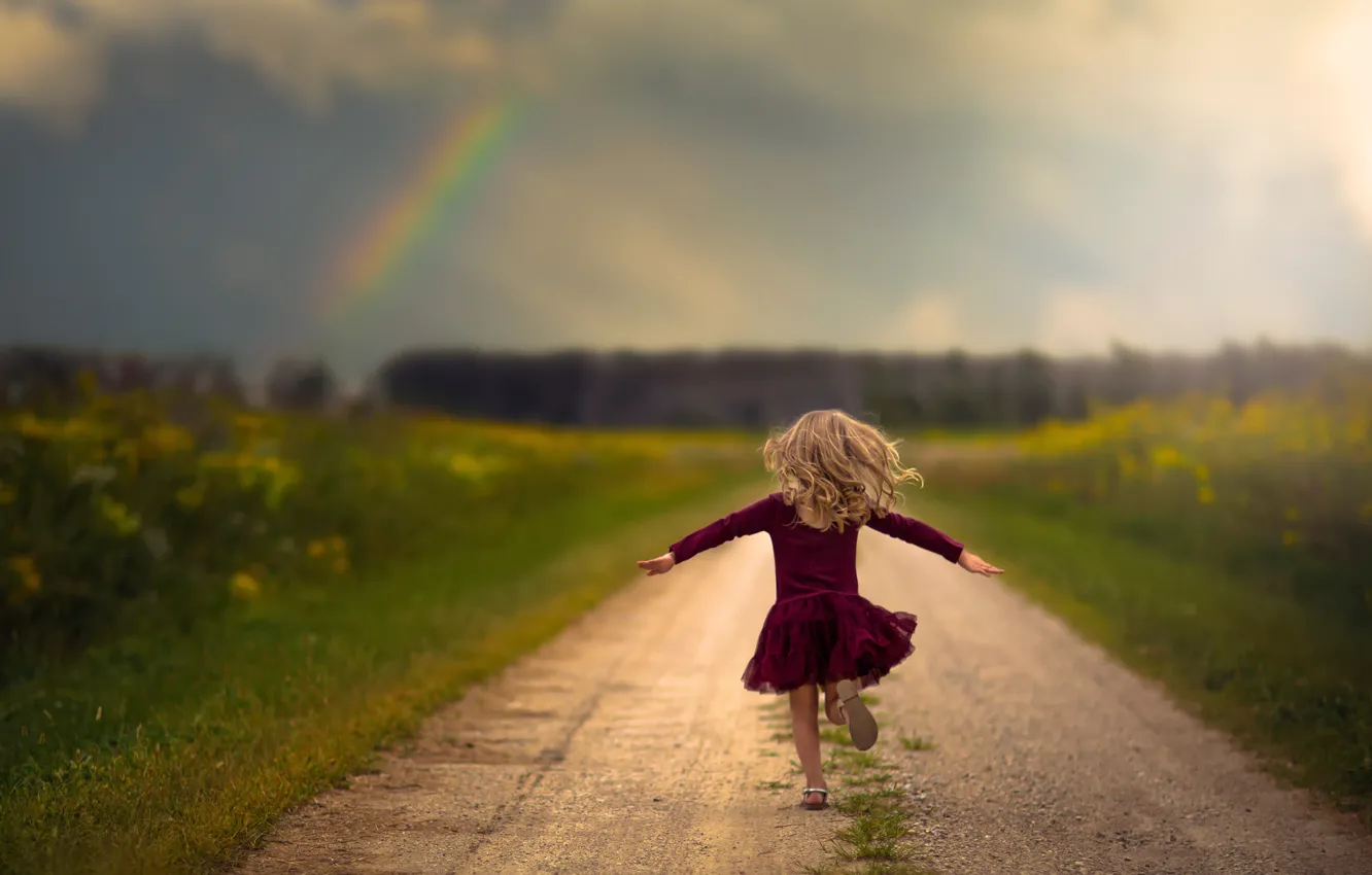 Photo wallpaper road, freedom, rainbow, running, girl