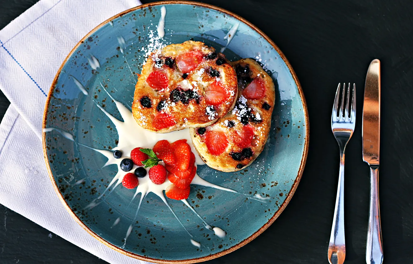 Photo wallpaper berries, food, Breakfast, powdered sugar, sour cream, pancakes