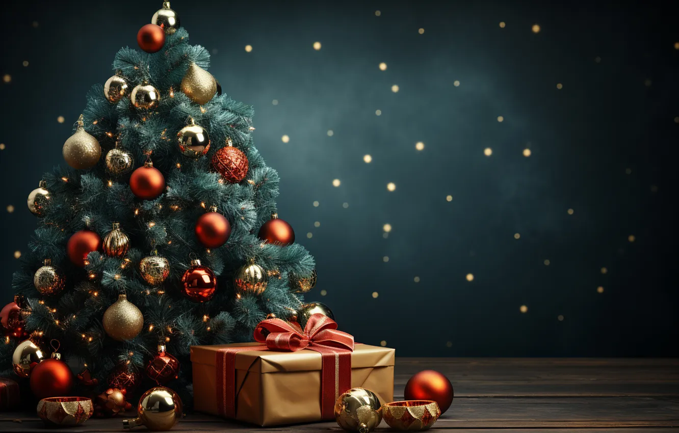 Photo wallpaper gift, tree, new year, Christmas, Christmas, tree, decoration, Gift Boxes