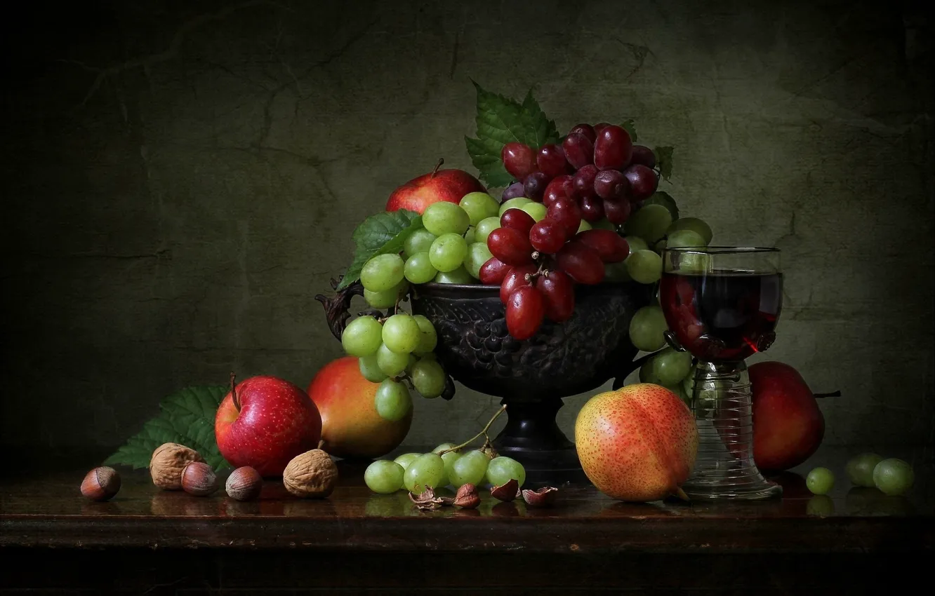 Photo wallpaper style, apples, grapes, vase, fruit, nuts, still life, a glass of wine