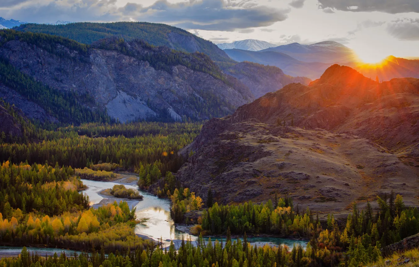 Photo wallpaper autumn, forest, the sun, rays, mountains, river, dawn, hills