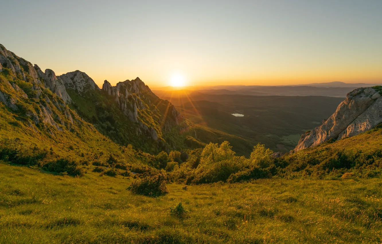 Photo wallpaper field, the sun, sunset, mountains