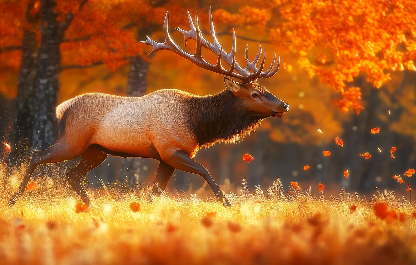 Photo wallpaper autumn, forest, light, trees, branches, Park, foliage, deer