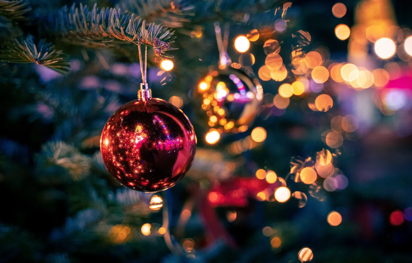 Photo wallpaper holiday, balls, toy, tree, new year, Christmas, bokeh