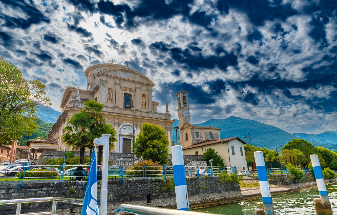 Photo wallpaper clouds, mountains, Italy, Church, Sale Marasino