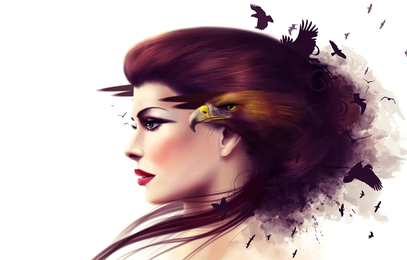 Photo wallpaper girl, face, collage, bird, eagle, beak, profile