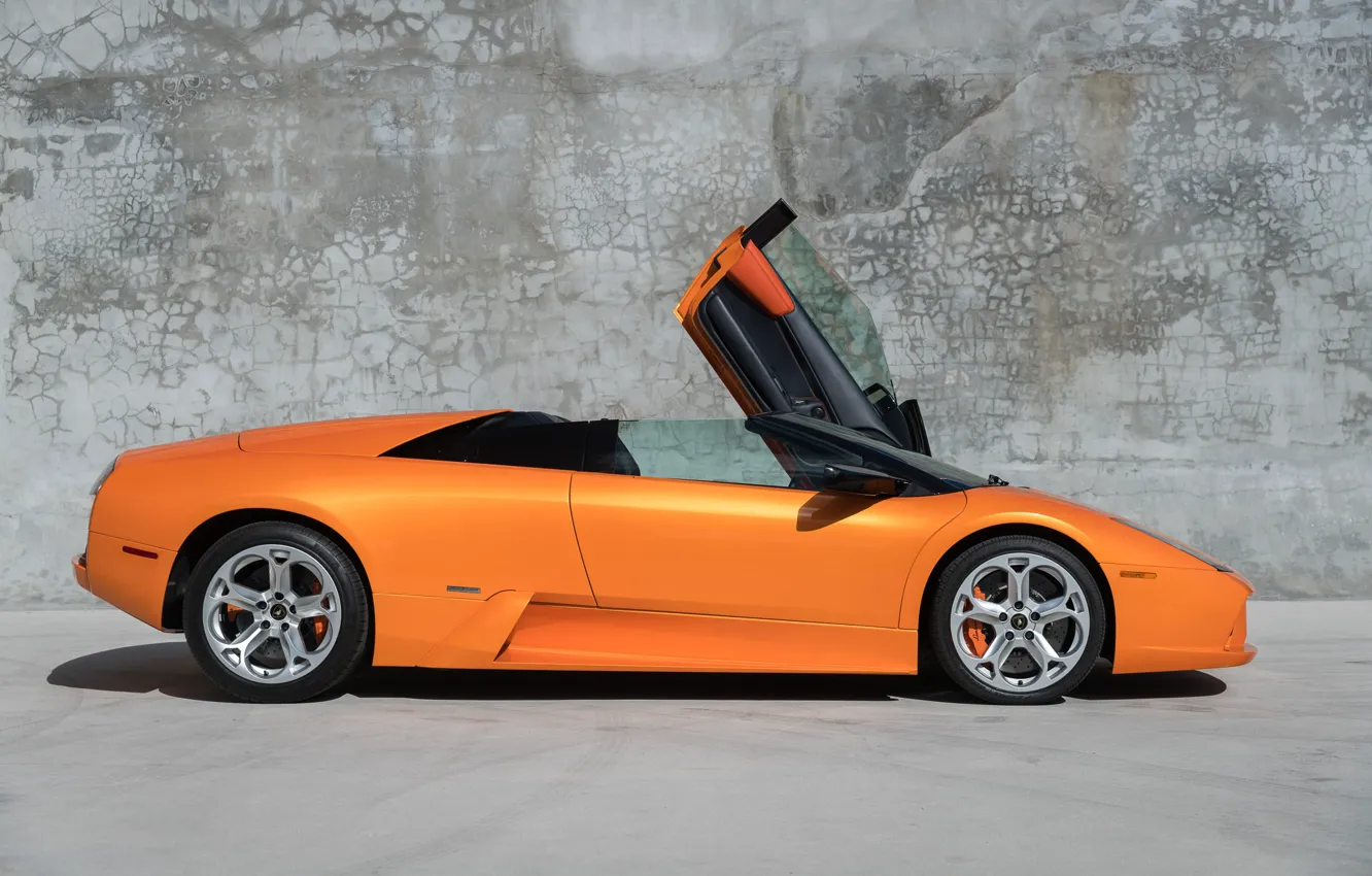 Photo wallpaper Orange, Supercar, Side view, Scissor doors, Lamborghini Murcielago Roadster