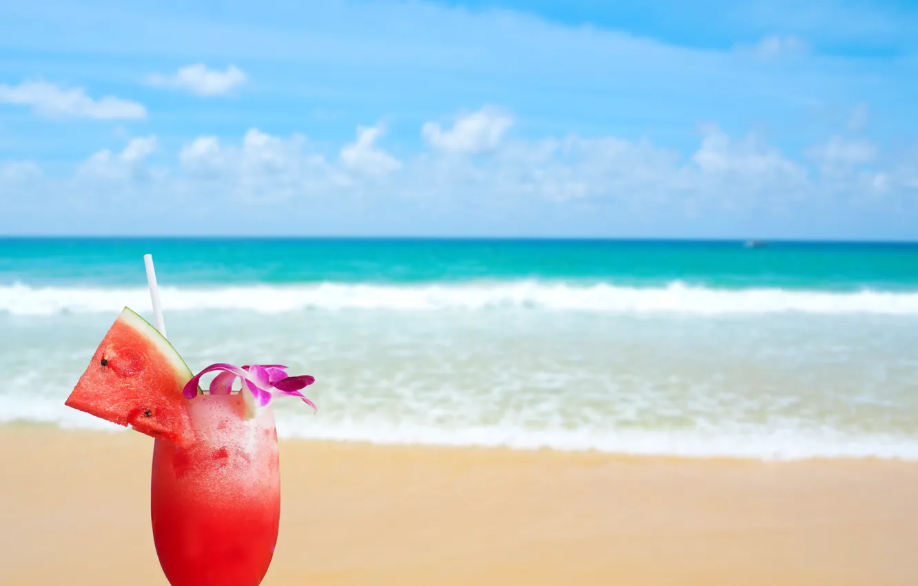 Photo wallpaper sand, sea, wave, beach, summer, watermelon, cocktail, summer