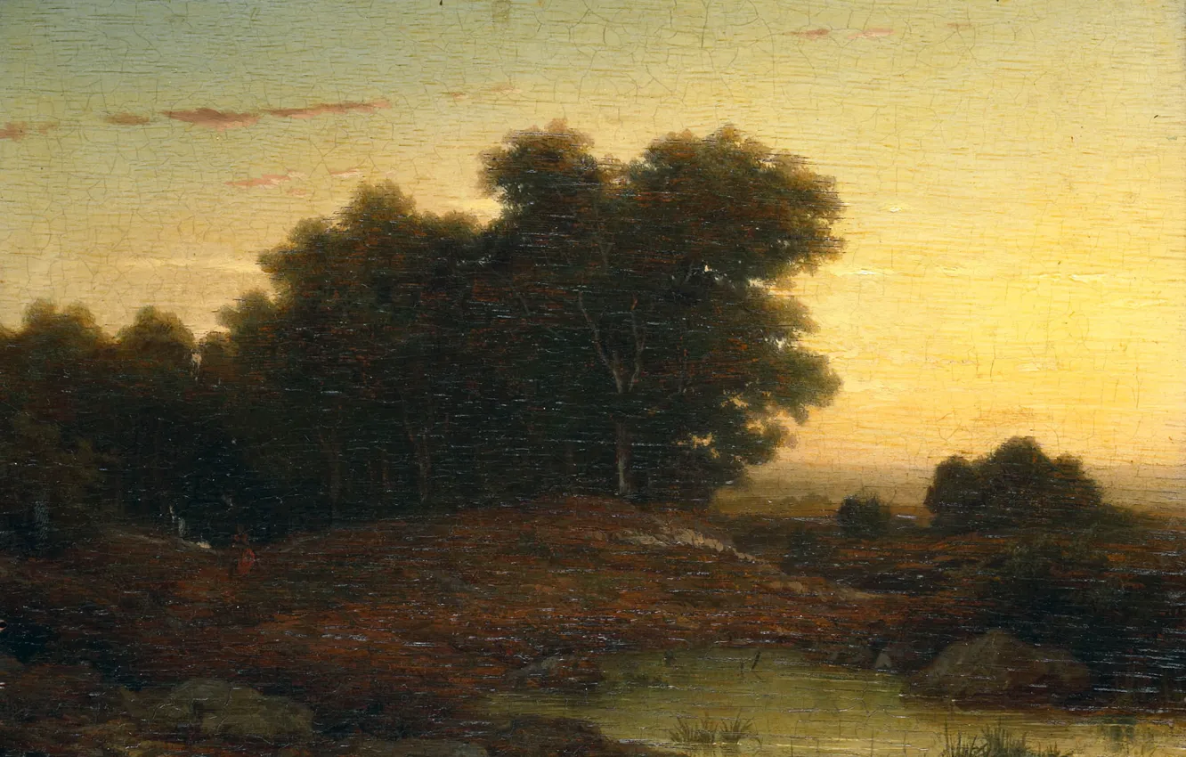 Photo wallpaper landscape, oil, picture, Louwrens Hanedoes, 1849, Forest at Sunset, Lourens Ganados