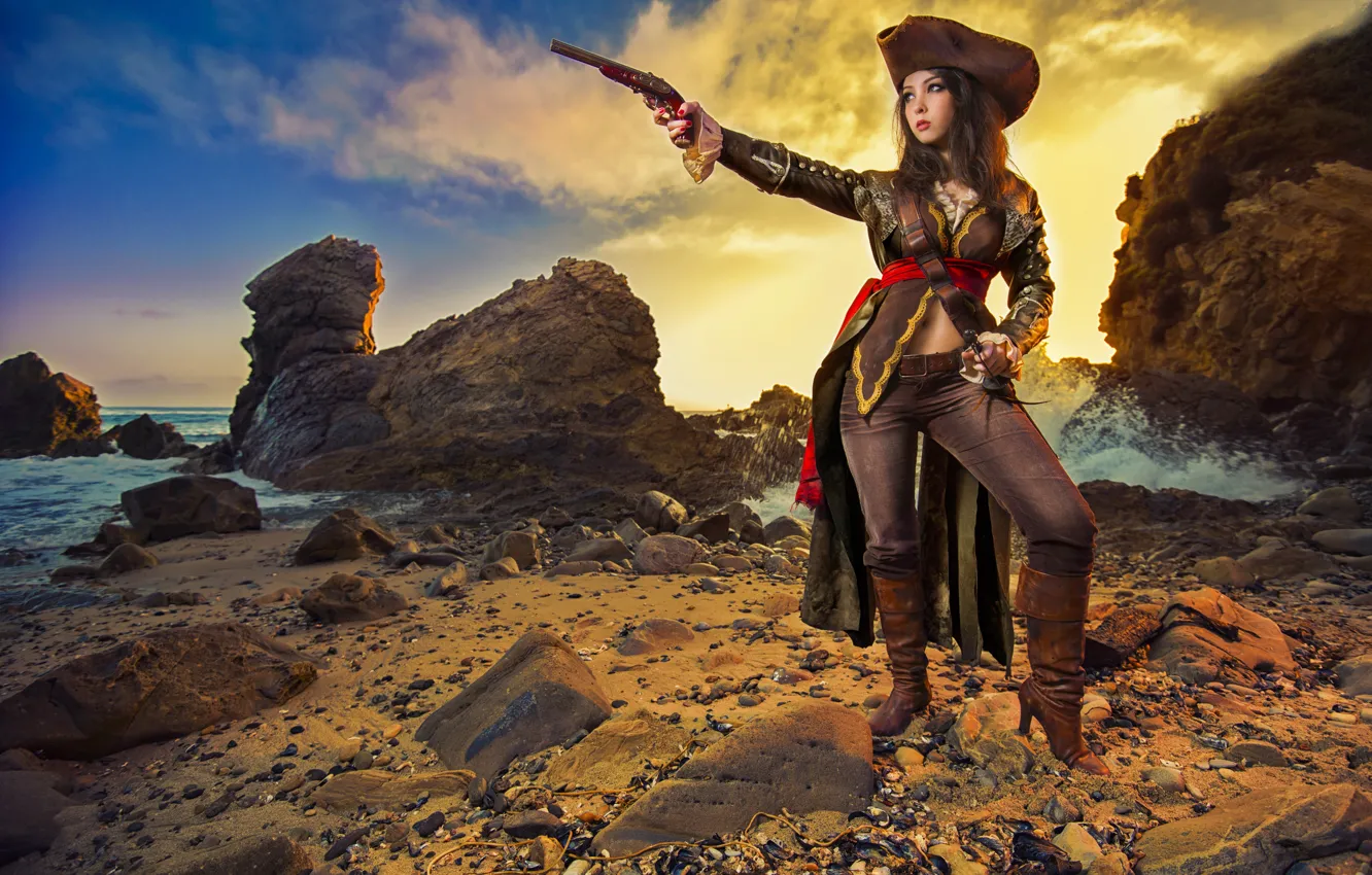 Photo wallpaper sea, girl, stones, pirate, cosplay