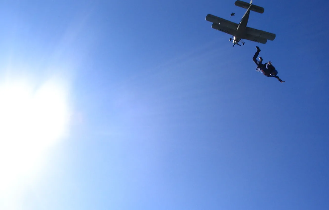 Photo wallpaper the sky, the sun, the plane, extreme, skydiver