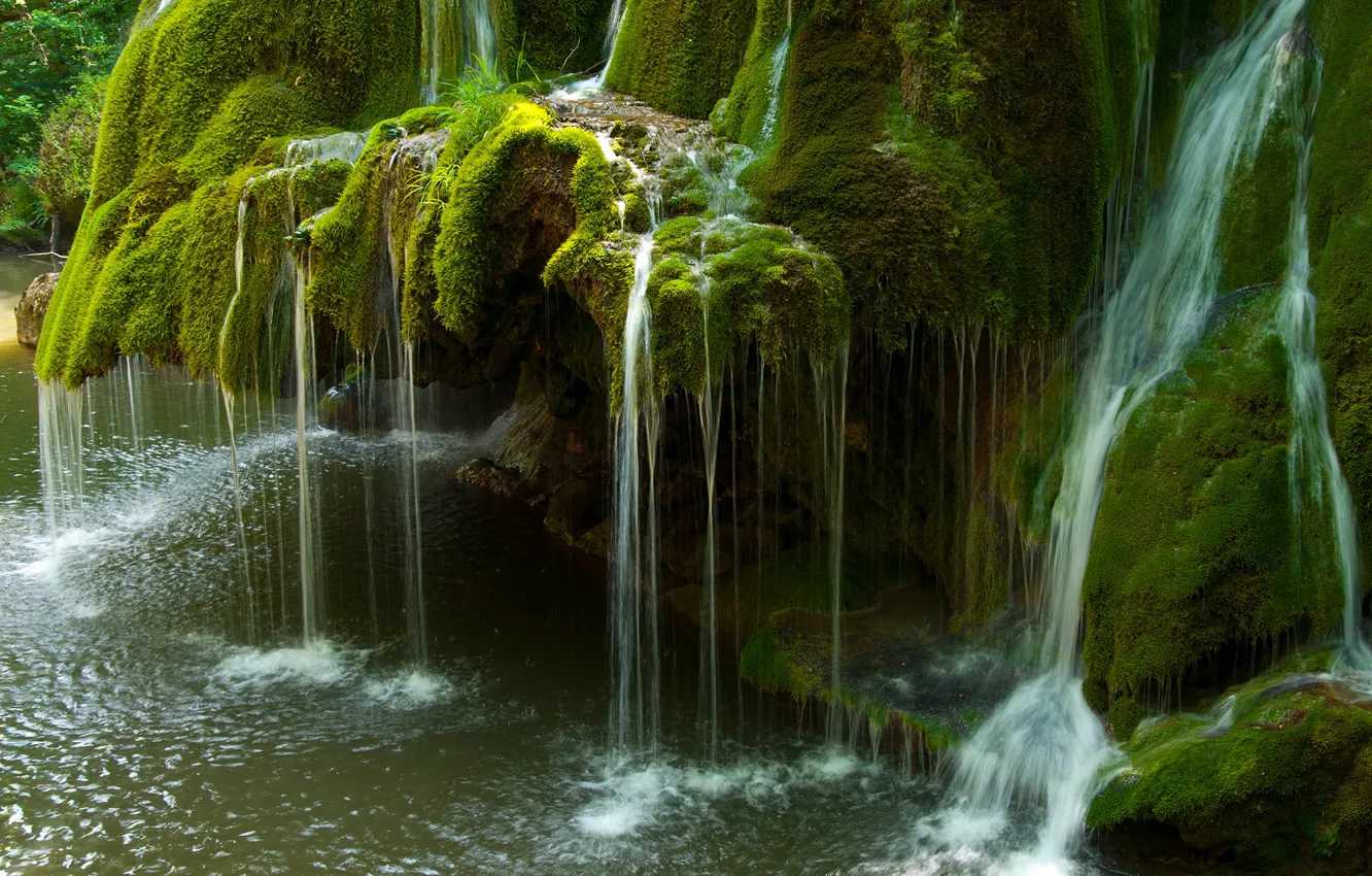 Photo wallpaper greens, stones, waterfall, moss, Romania, Bigar Waterfall
