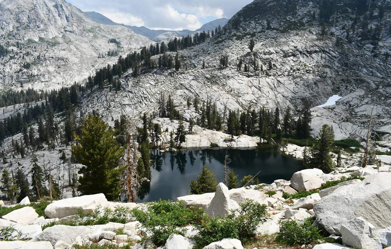 Photo wallpaper clouds, trees, mountains, lake, stones, rocks, USA, Sequoia National Park