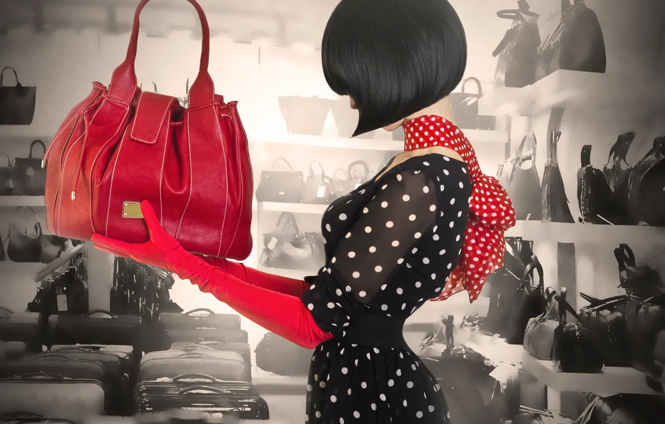Photo wallpaper girl, style, hair, haircut, dress, gloves, profile, bag