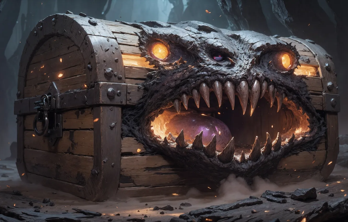 Photo wallpaper monster, mouth, fangs, grin, cave, horror, dungeon, burning eyes