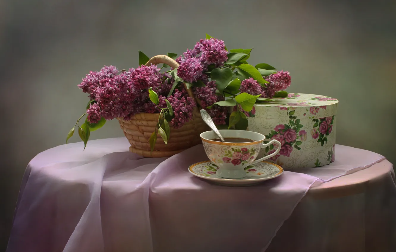 Photo wallpaper flowers, tea, bouquet, still life, lilac