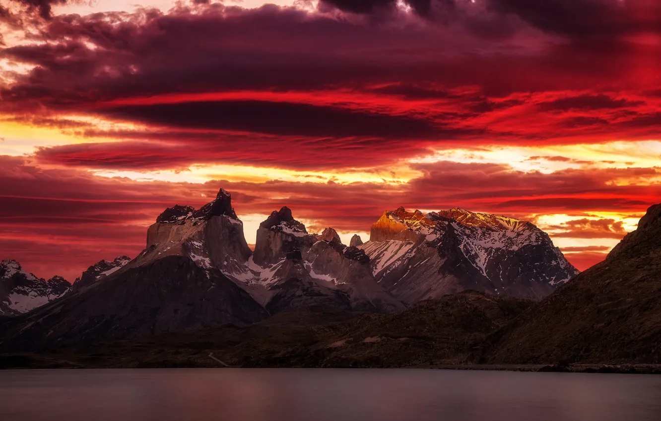 Photo wallpaper the sky, clouds, sunset, mountains, lake, the evening