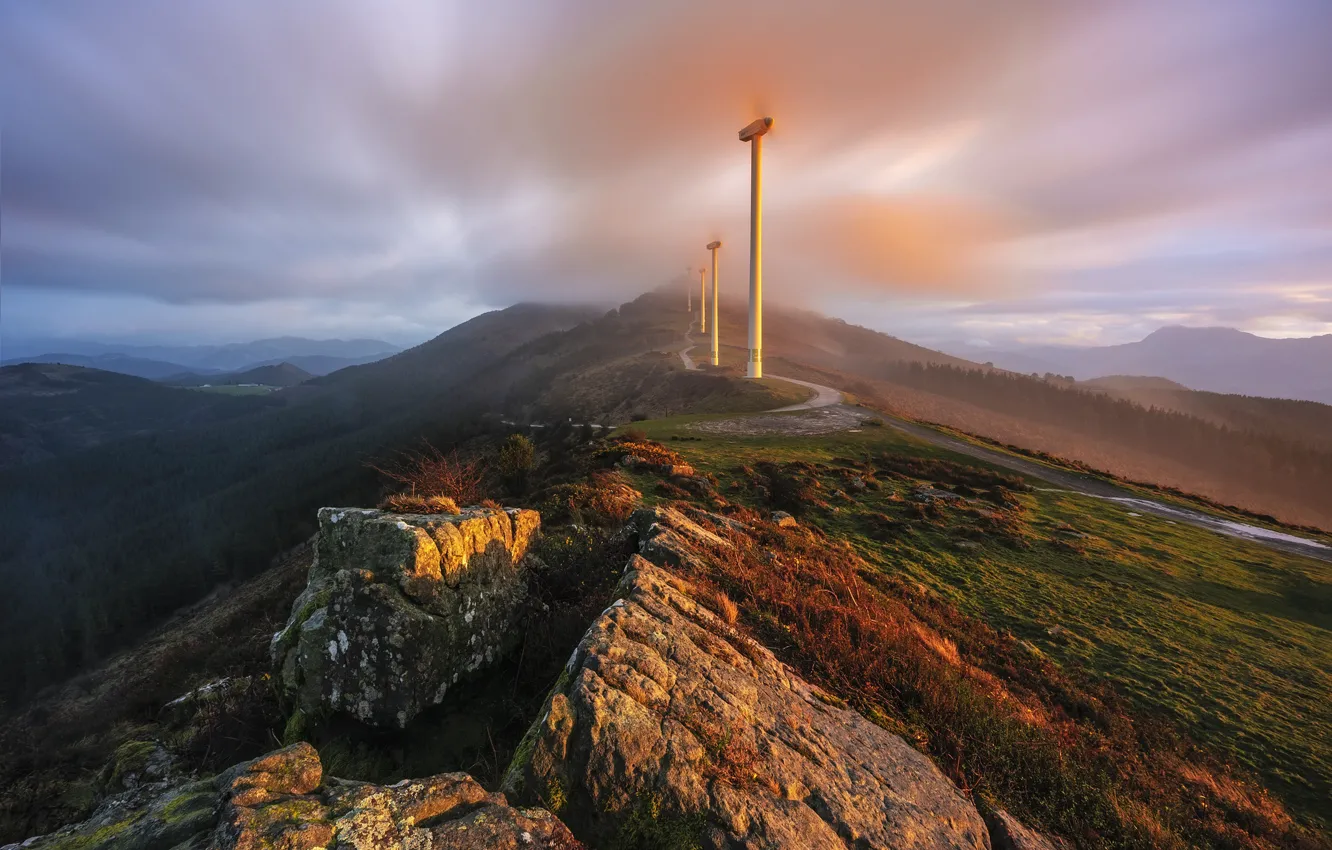 Photo wallpaper sunset, mountains, windmills