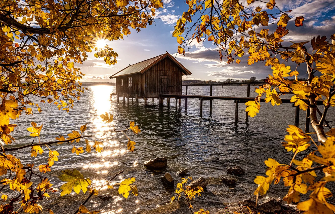 Photo wallpaper autumn, foliage, pierce, house, pond