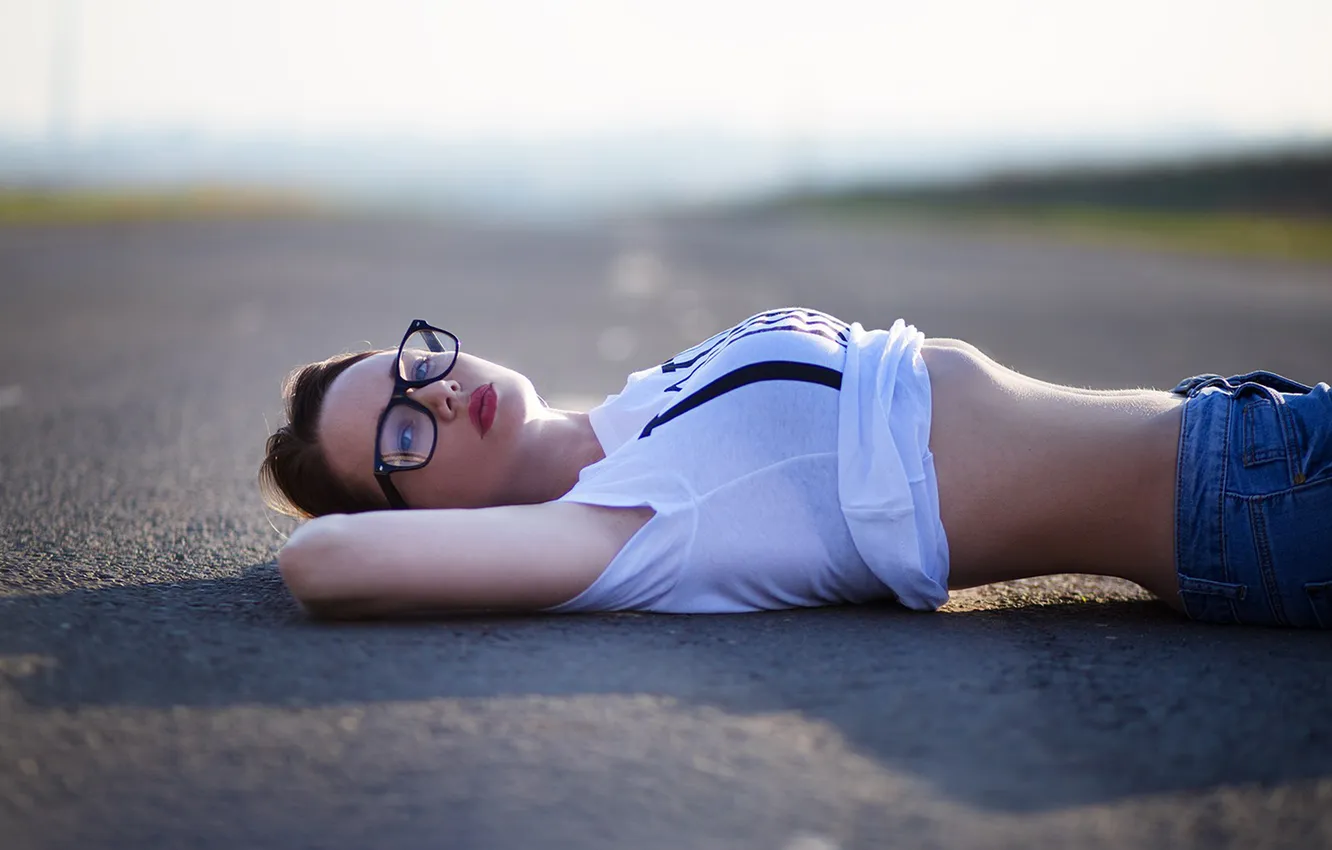 Photo wallpaper girl, road, sky, model, jeans, blonde, on the floor, red lipstick