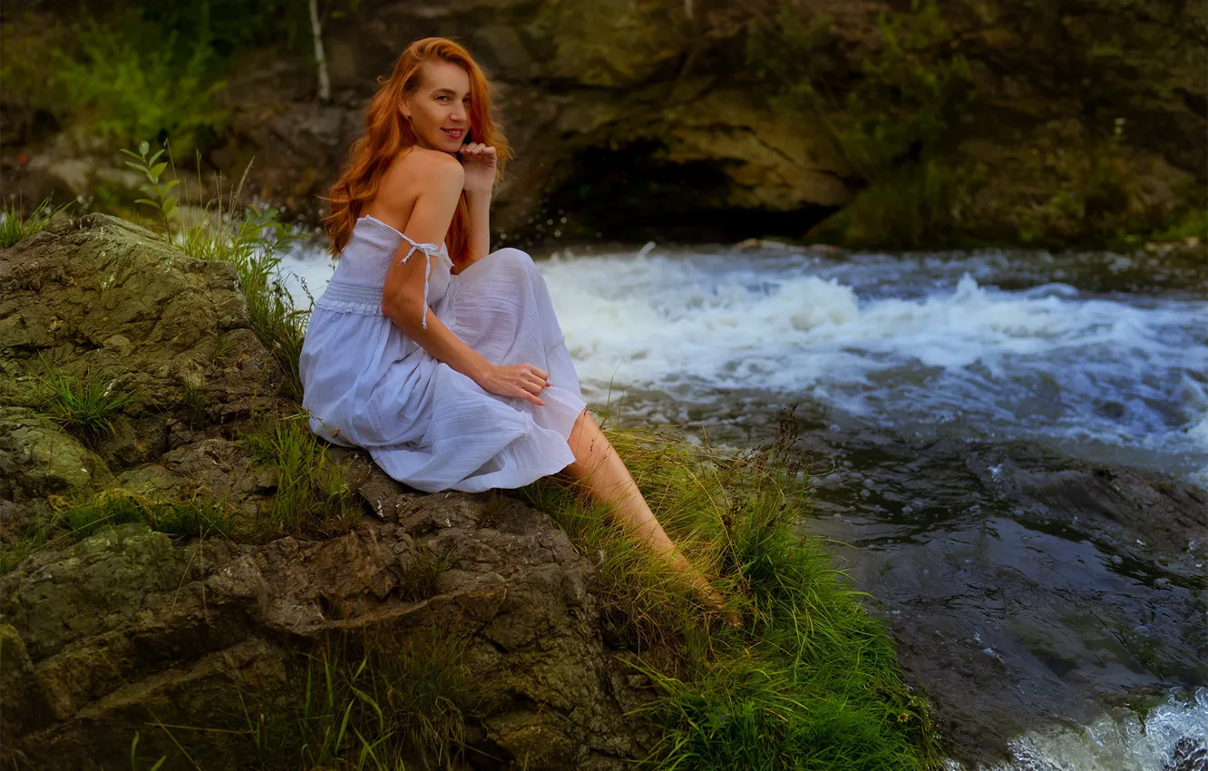 Photo wallpaper girl, nature, river, shore, dress, red, shoulders, Andrey Gnezdilov