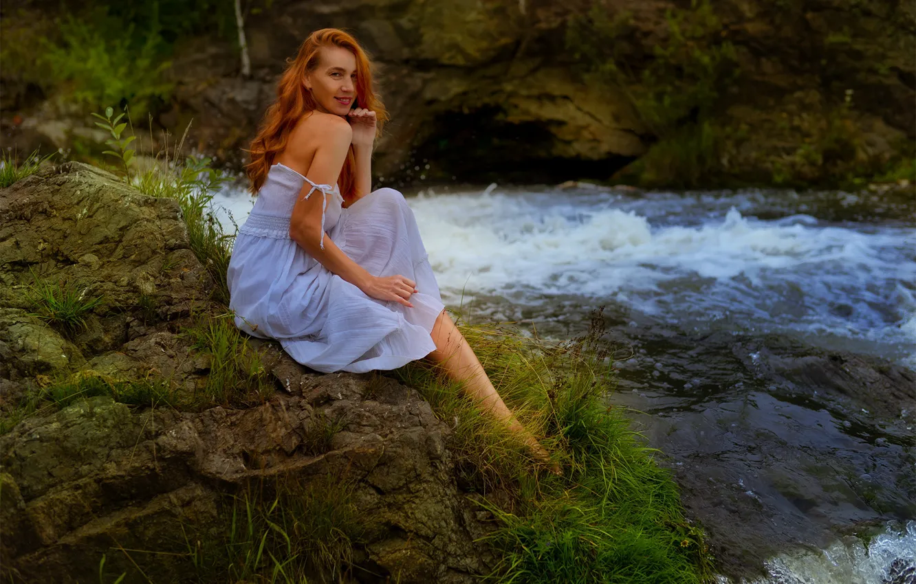 Photo wallpaper girl, nature, river, shore, dress, red, shoulder, Andrey Gnezdilov