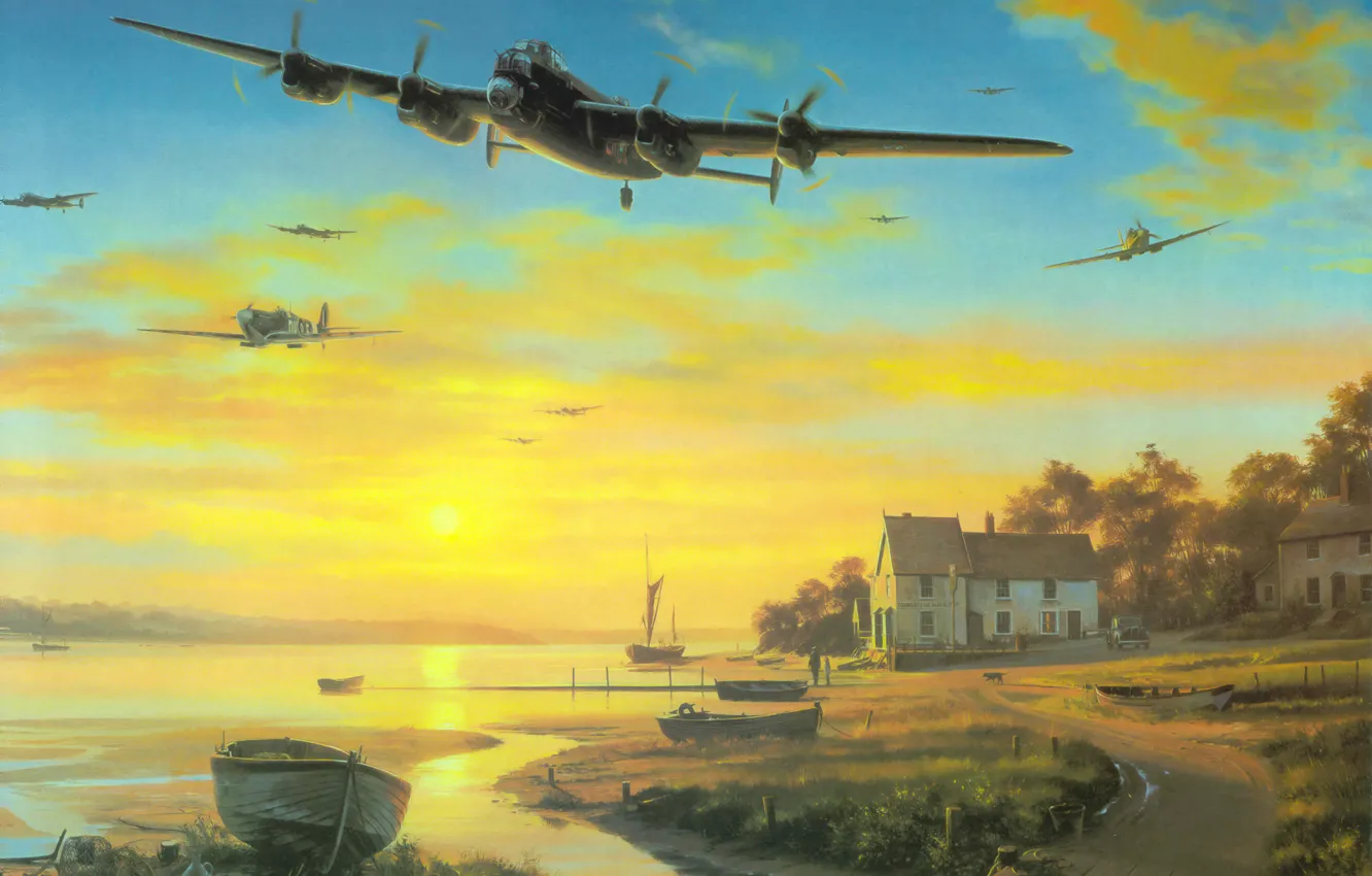 Photo wallpaper war, airplane, painting, ww2, Avro Lancaster, british bomber, aviation art