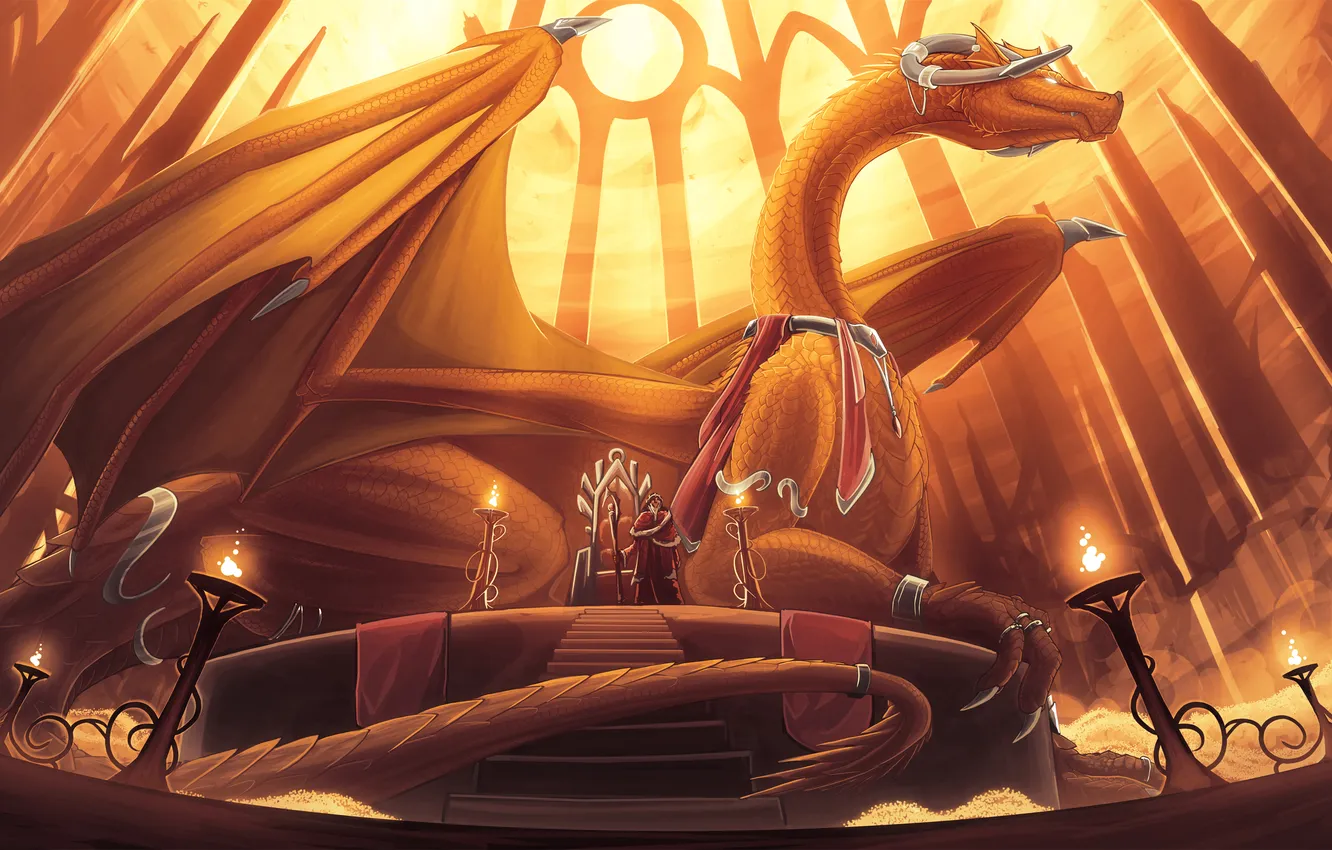Photo wallpaper dragon, people, art, ladder, hall, the throne, king, giant