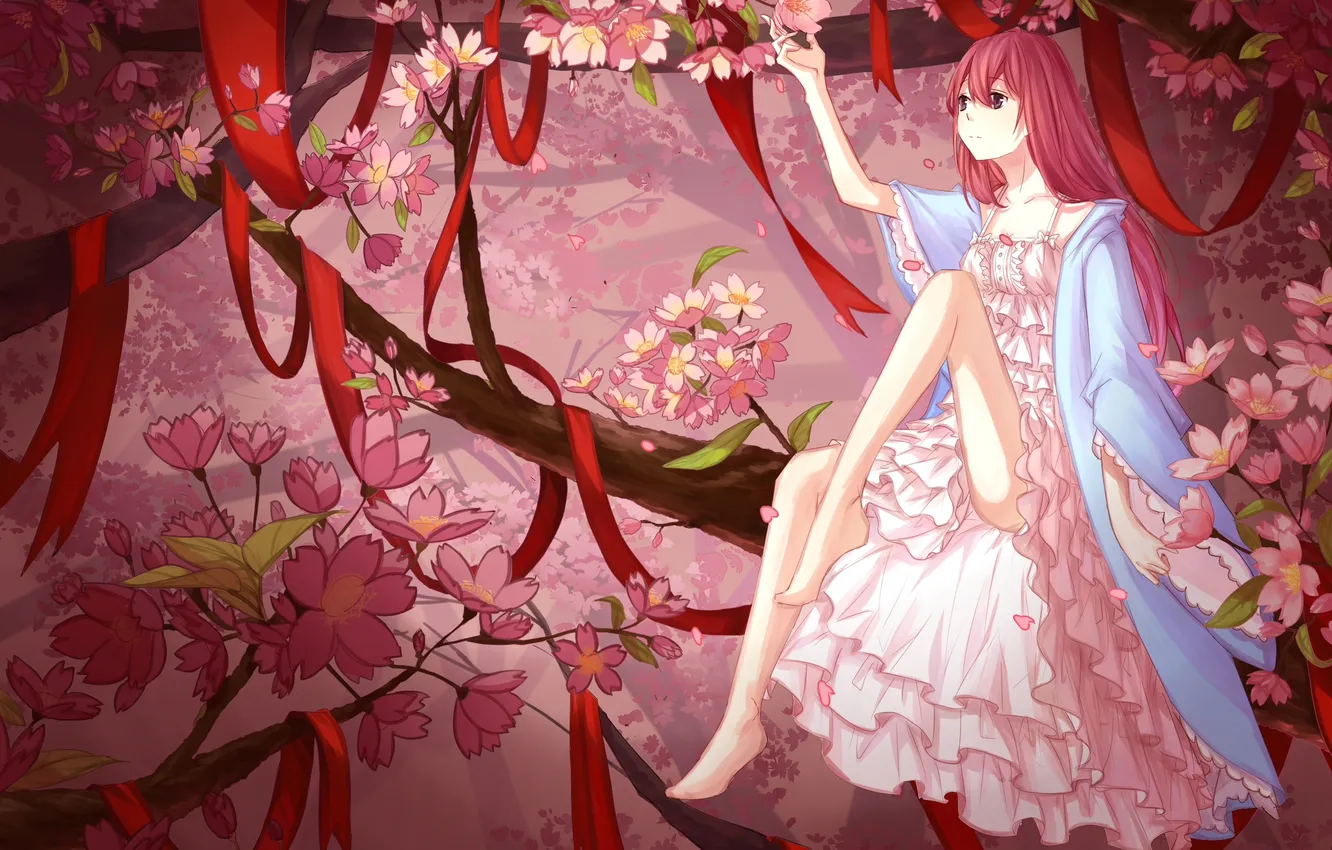 Photo wallpaper girl, trees, flowers, art, tape, kan