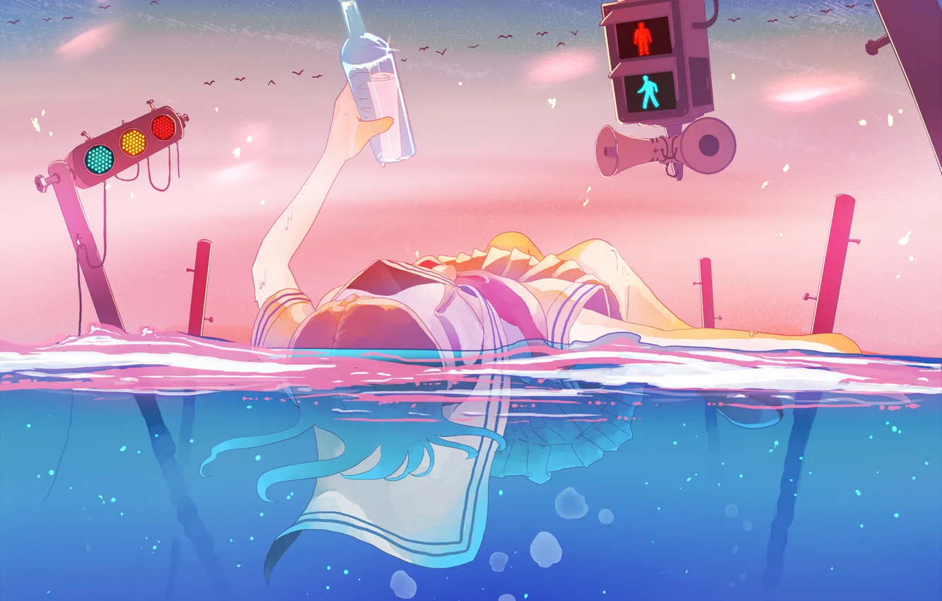 Photo wallpaper water, girl, bubbles, bottle, traffic light, note