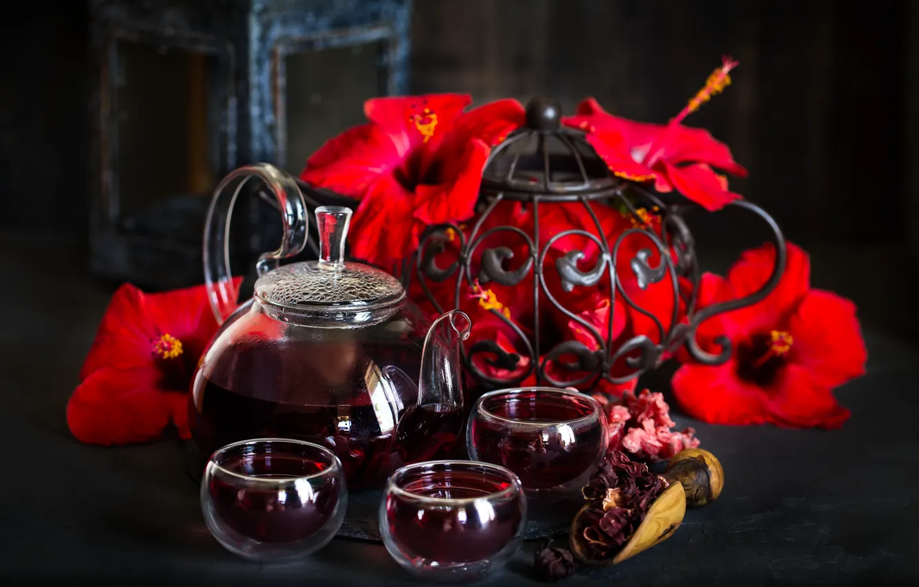 Photo wallpaper tea, kettle, hibiscus