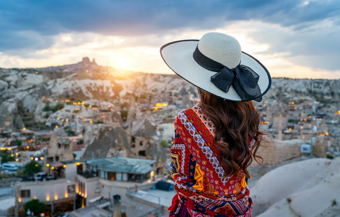 Photo wallpaper girl, the city, back, building, hat