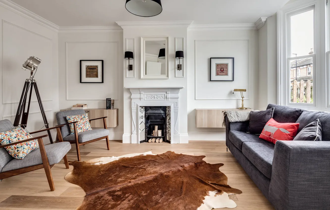Photo wallpaper design, style, room, interior, fireplace, living room, upholstered furniture, by Houzz UK