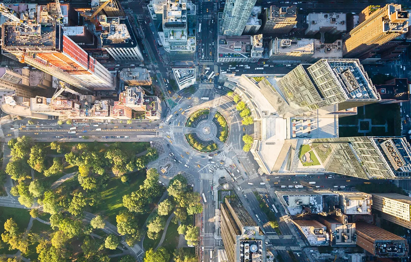 Photo wallpaper road, trees, city, the city, Park, street, building, horizon