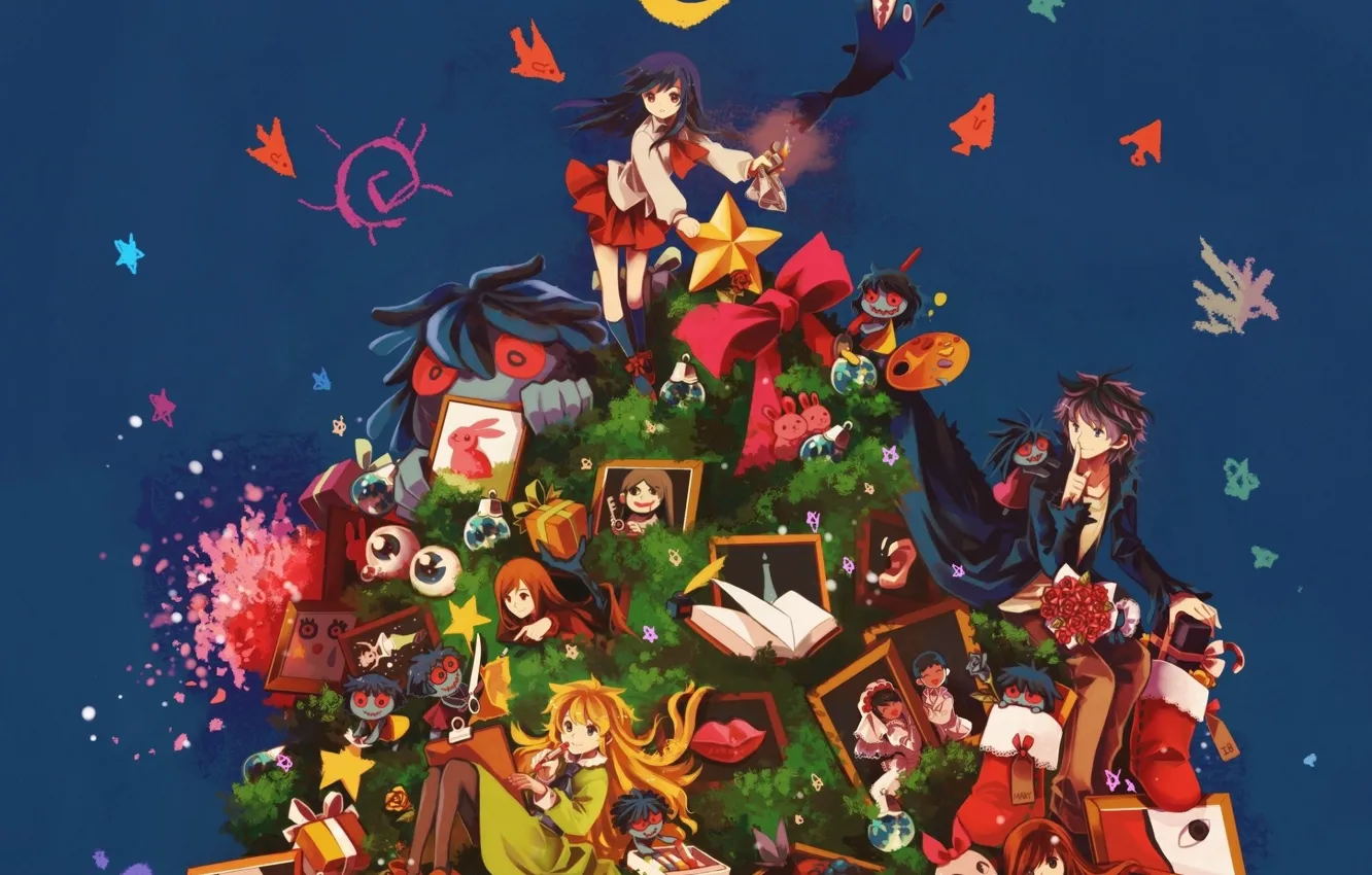 Photo wallpaper eyes, stars, night, gift, toy, tree, bouquet, picture