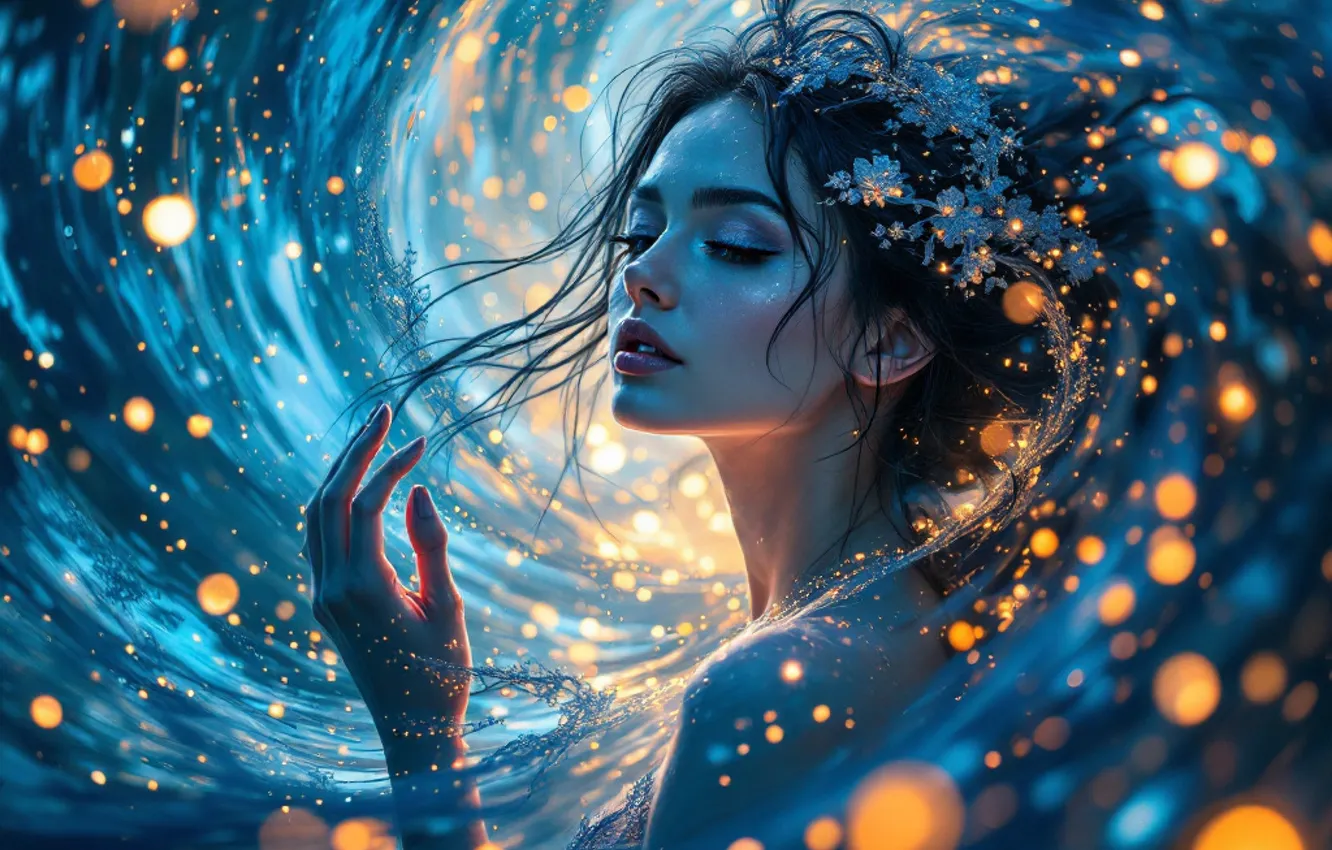 Photo wallpaper water, girl, light, face, lights, pose, eyelashes, lights