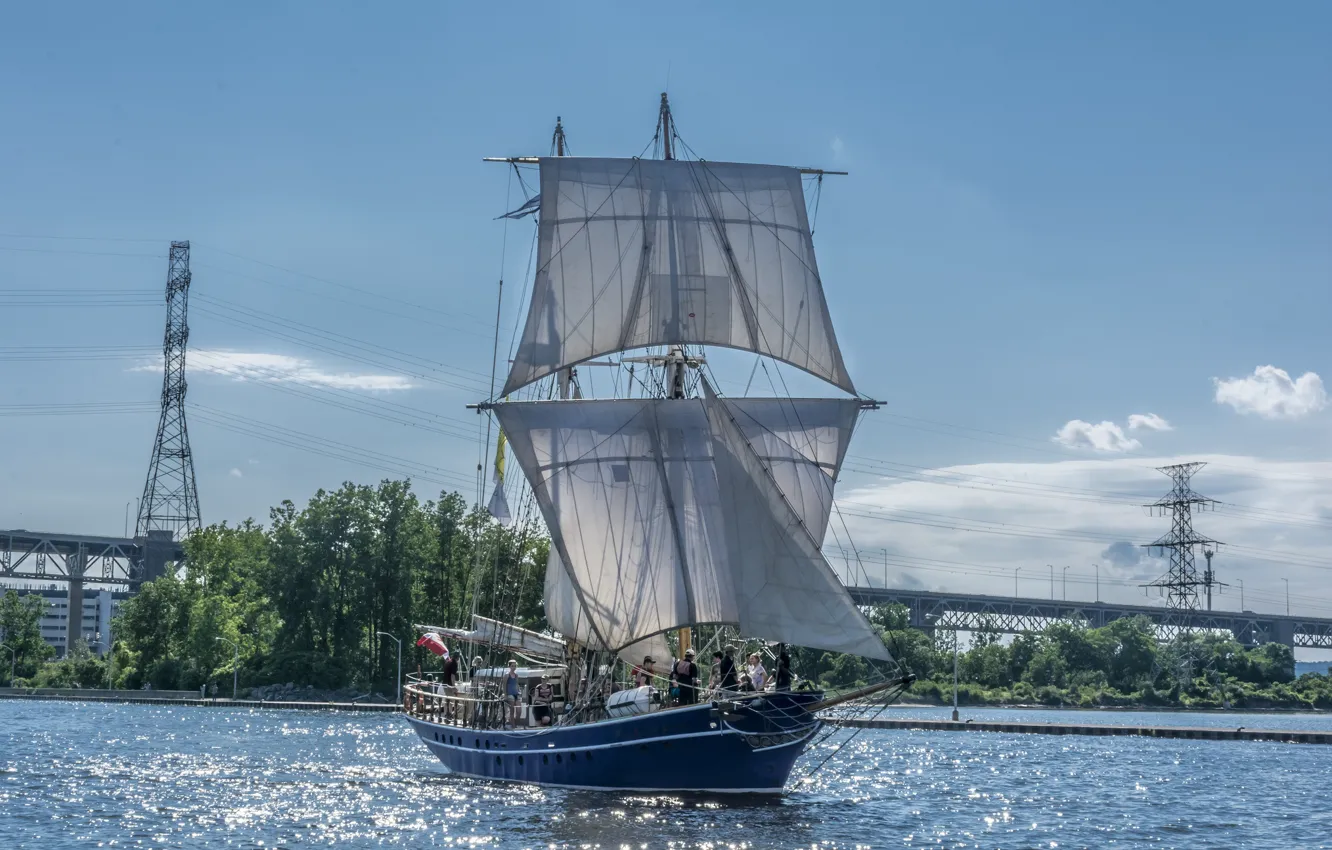 Photo wallpaper bridge, river, sailboat, Canada, Ontario, Canada, Ontario, Hamilton