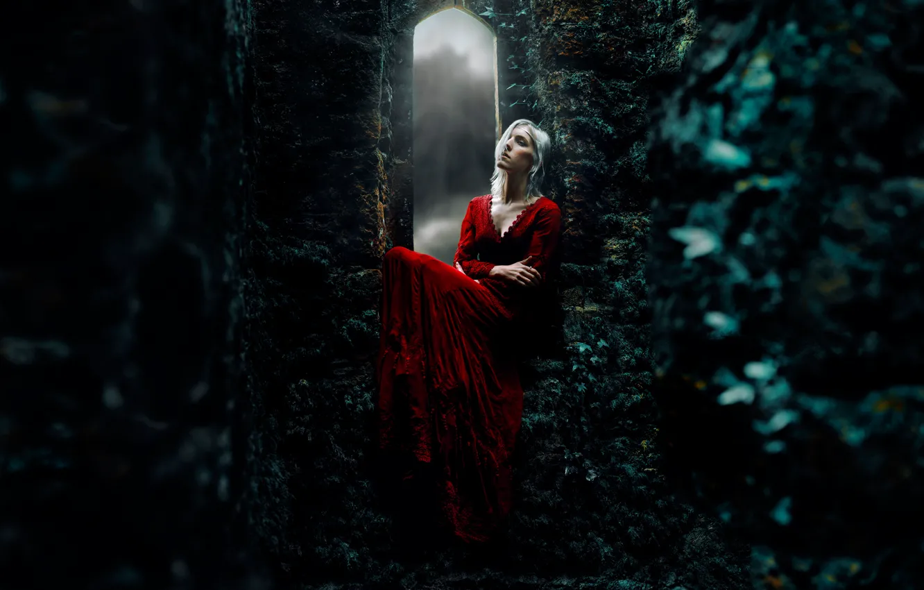 Photo wallpaper girl, castle, red dress, medieval, Kindra Nikole