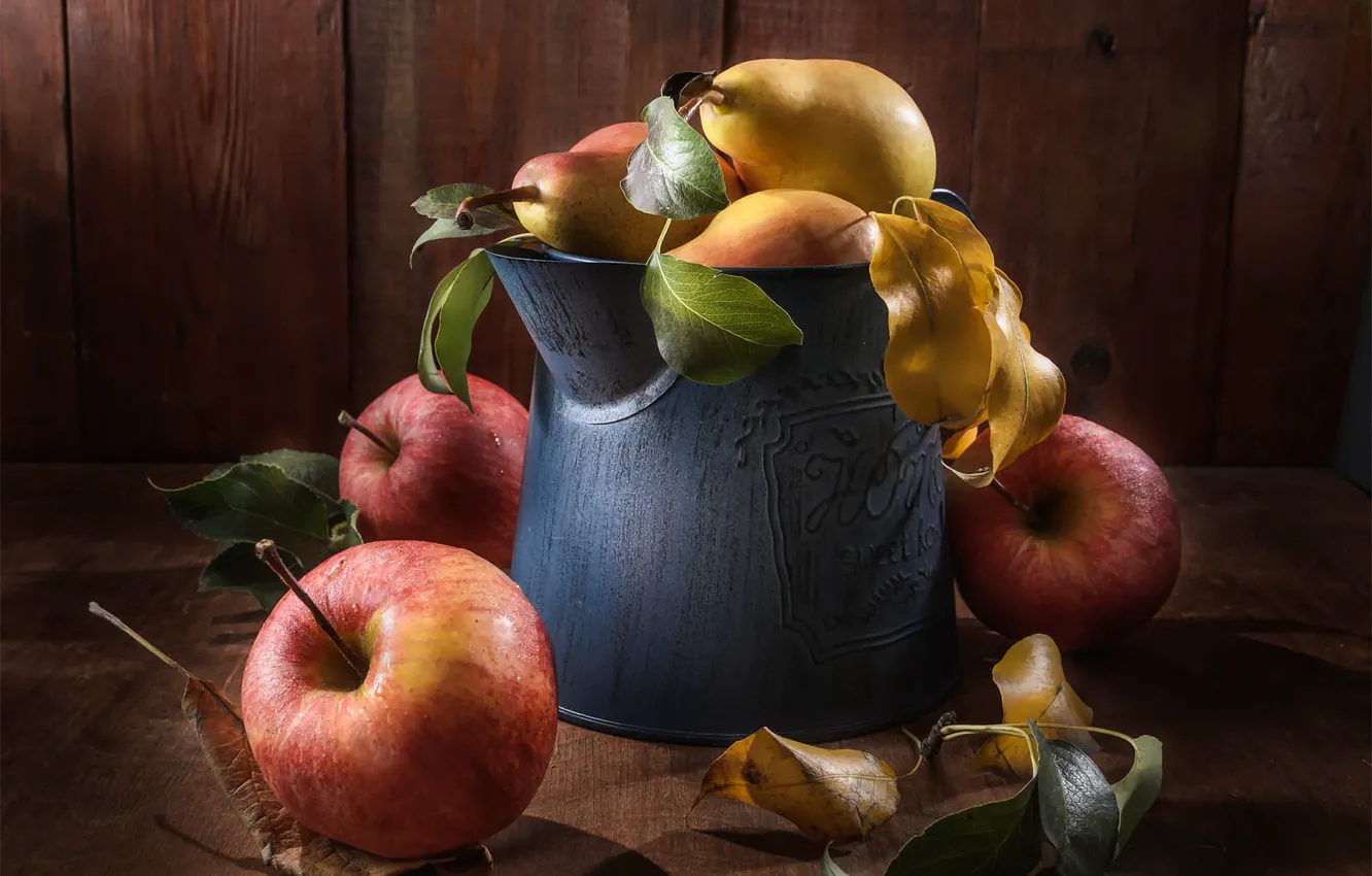 Photo wallpaper leaves, yellow, red, table, apples, Board, lake, fruit
