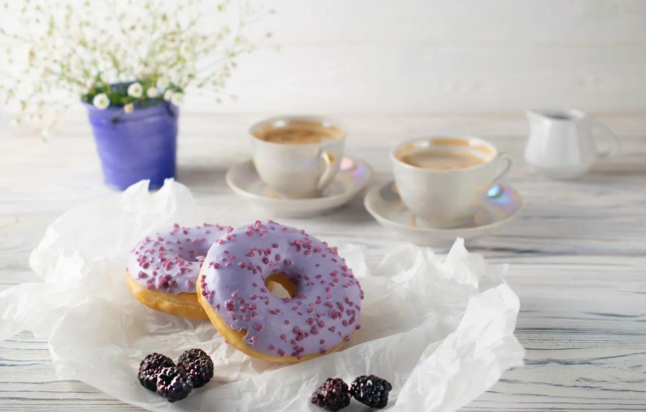 Photo wallpaper flowers, coffee, donuts