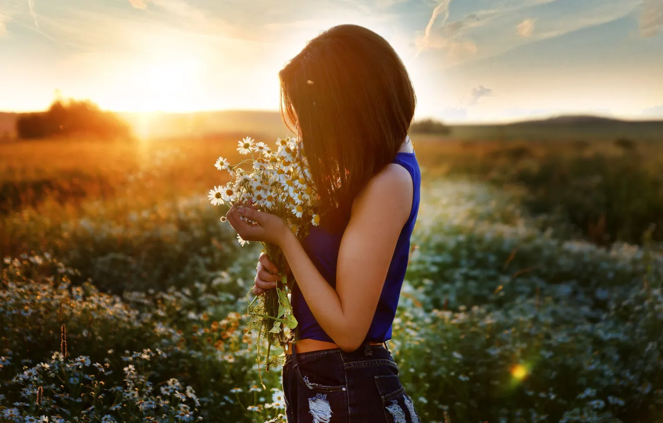 Photo wallpaper field, summer, girl, the sun, chamomile, profile