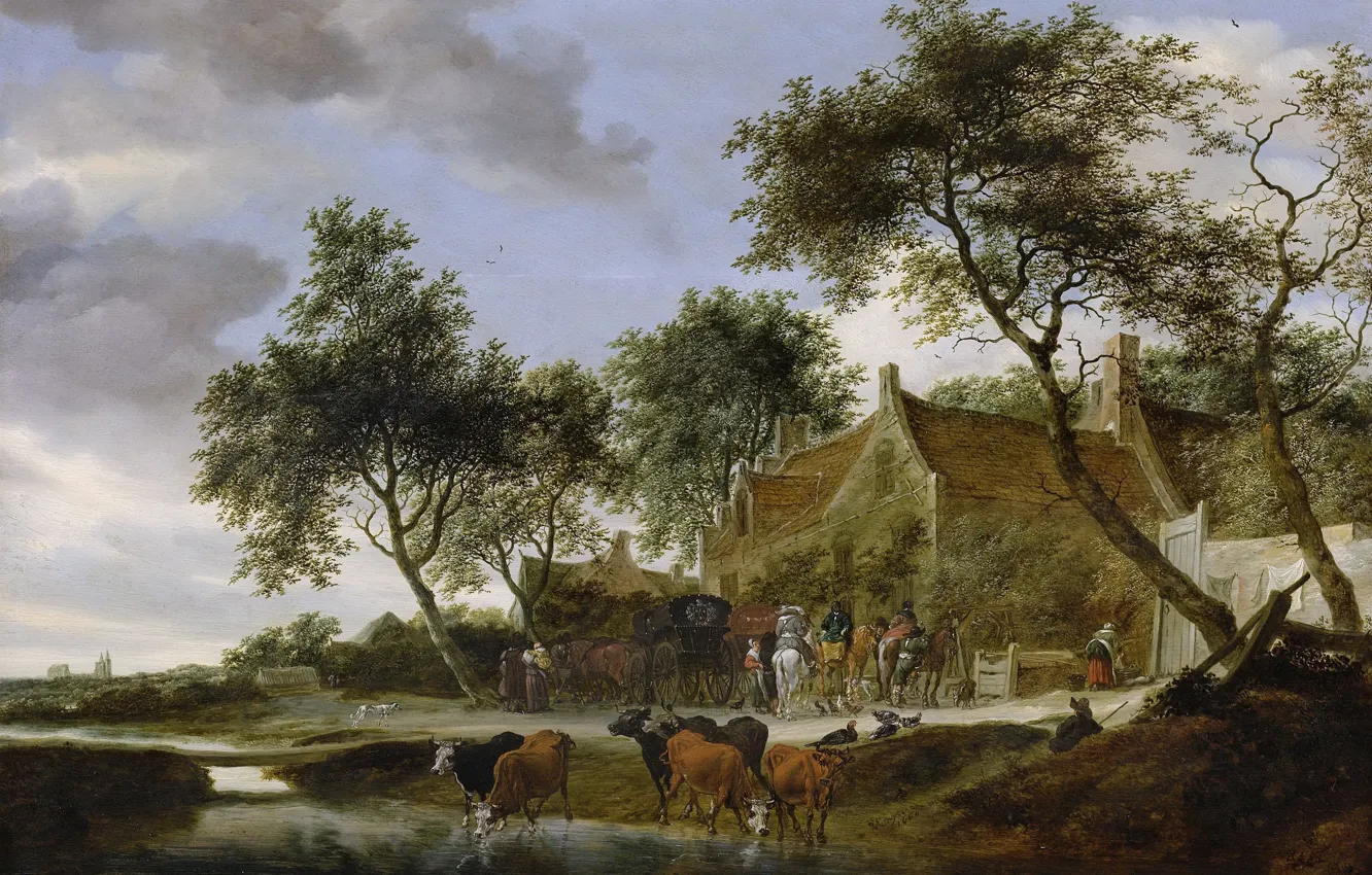 Photo wallpaper landscape, home, picture, cows, Salomon van Ruysdael, Solomon van Ruisdael, Resting-place