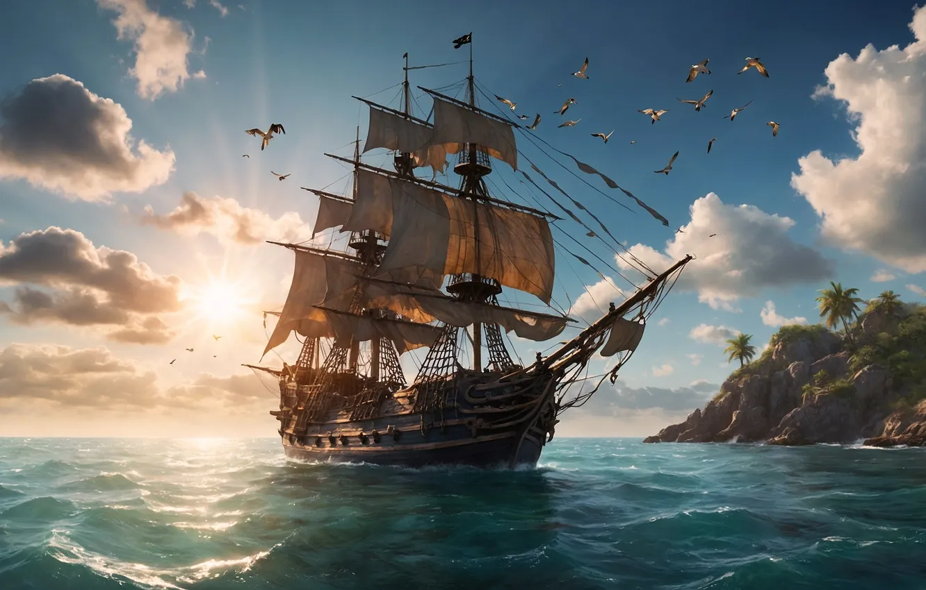 Photo wallpaper sea, art, shore, ship, sailboat