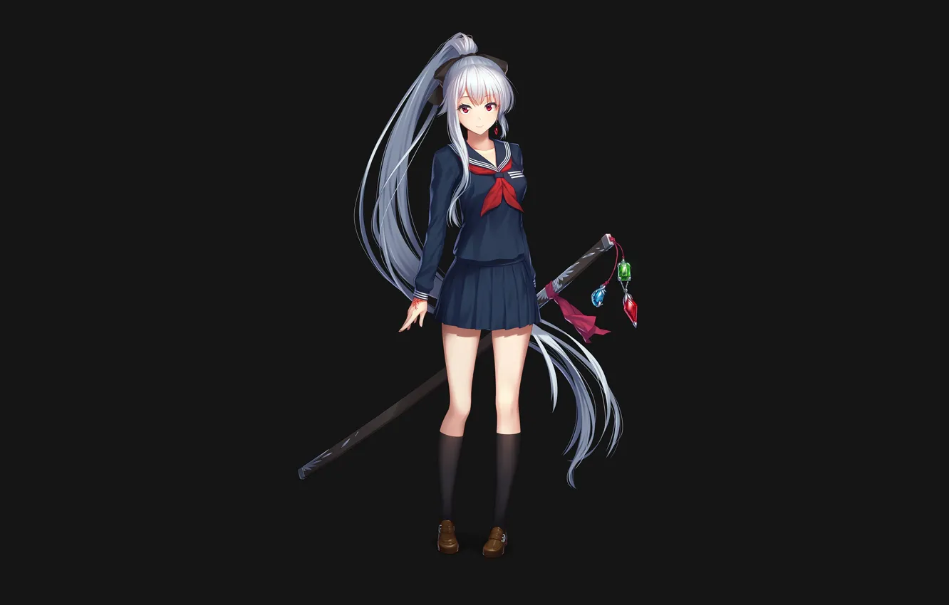 Photo wallpaper girl, sword, katana, the dark background